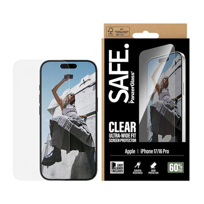 Pellicola Protettiva Schermo PanzerGlass Safe. Ultra-Wide Fit EasyAligner per Apple iPhone 17 / 16 Pro, Vetro Temperato, Full Glue.