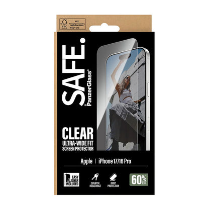 Pellicola Protettiva Schermo PanzerGlass Safe. Ultra-Wide Fit EasyAligner per Apple iPhone 17 / 16 Pro, Vetro Temperato, Full Glue.