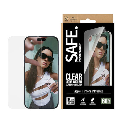 Pellicola protettiva Schermo PanzerGlass Safe. Ultra-Wide Fit EasyAligner per Apple iPhone 17 Pro Max, Vetro Temperato, Full Glue.