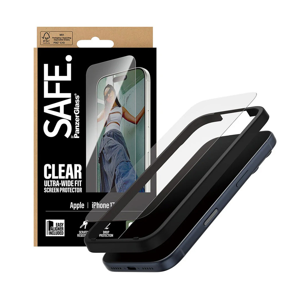 Pellicola Protettiva Schermo PanzerGlass Safe. Ultra-Wide Fit EasyAligner per Apple iPhone 17 Pro, Vetro Temperato, Full Glue.