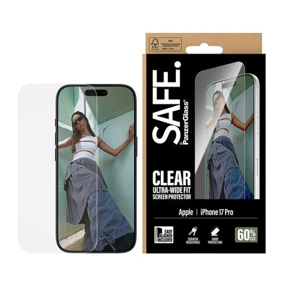 Pellicola Protettiva Schermo PanzerGlass Safe. Ultra-Wide Fit EasyAligner per Apple iPhone 17 Pro, Vetro Temperato, Full Glue.