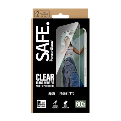 Pellicola Protettiva Schermo PanzerGlass Safe. Ultra-Wide Fit EasyAligner per Apple iPhone 17 Pro, Vetro Temperato, Full Glue.