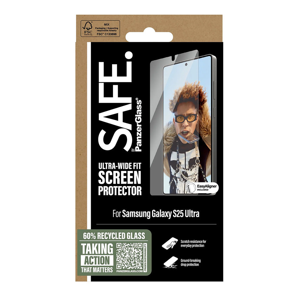 Pellicola Protettiva Schermo PanzerGlass Safe. Ultra-Wide Fit EasyAligner per Samsung Galaxy S25 Ultra S938, Vetro Temperato, Full Glue.