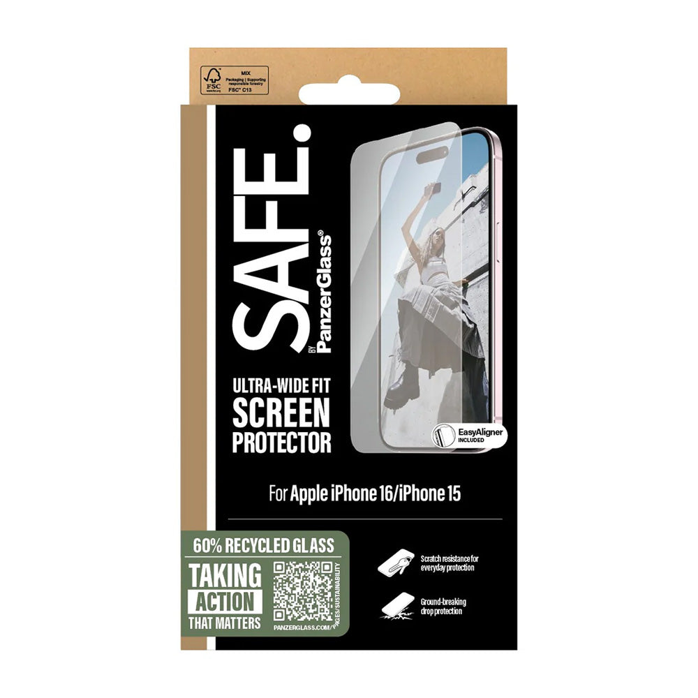 Pellicola Protettiva Schermo PanzerGlass Safe. Ultra-Wide Fit per Apple iPhone 16 / 15, Vetro Temperato, Full Glue
