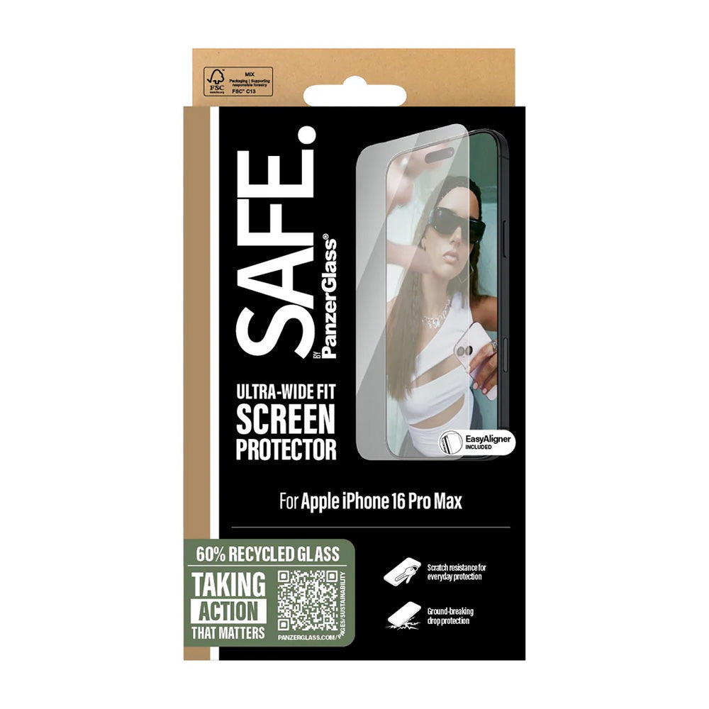 Pellicola Protettiva Schermo PanzerGlass Safe. Ultra-Wide Fit per Apple iPhone 16 Pro Max, Vetro Temperato, Full Glue.