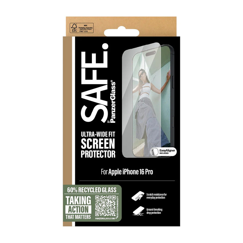 Pellicola Protettiva Schermo PanzerGlass Safe. Ultra-Wide Fit per Apple iPhone 16 Pro, Vetro Temperato, Full Glue.