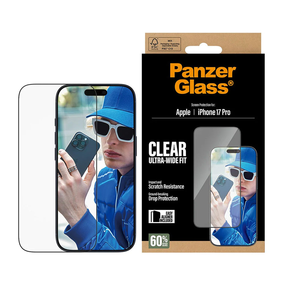 Pellicola protettiva Schermo PanzerGlass Ultra-Wide Fit EasyAligner per Apple iPhone 17 Pro, Vetro Temperato, Full Glue, Nera