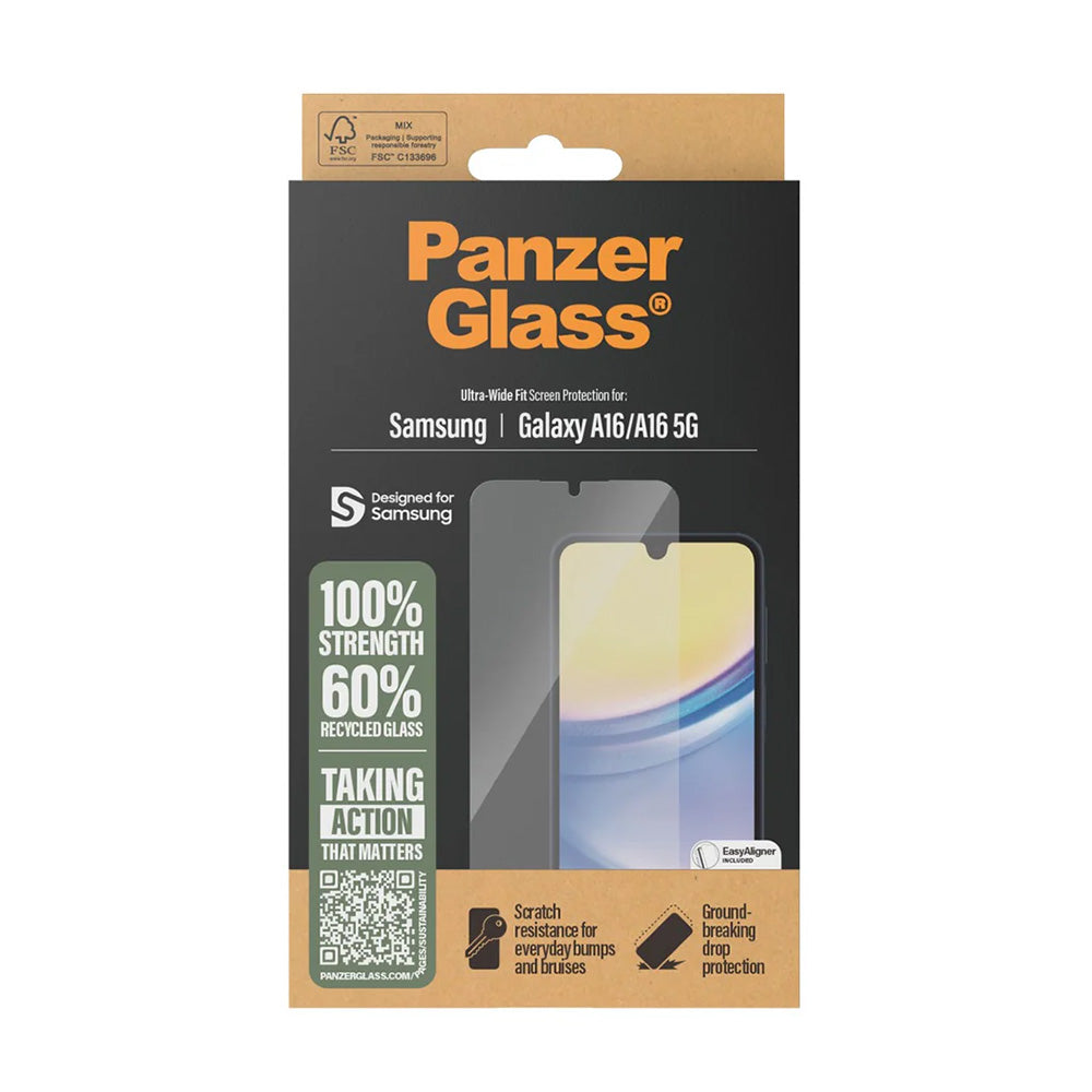 Pellicola Protettiva Schermo PanzerGlass Ultra-Wide Fit EasyAligner per Samsung Galaxy A16 5G A166 / A16 4G A165, Vetro Temperato, Full Glue