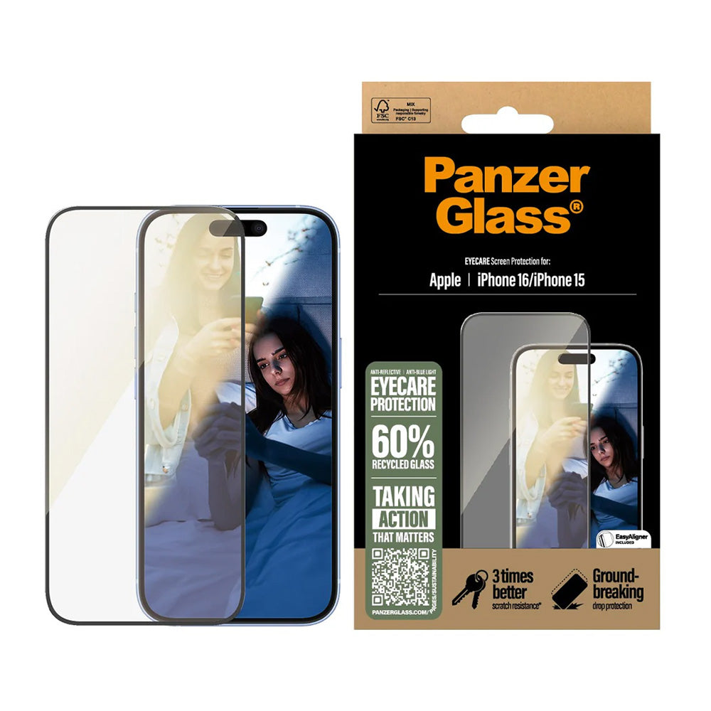 Pellicola Protettiva Schermo PanzerGlass Ultra-Wide Fit EyeCare per Apple iPhone 16 / 15, Vetro Temperato, Full Glue, Nera