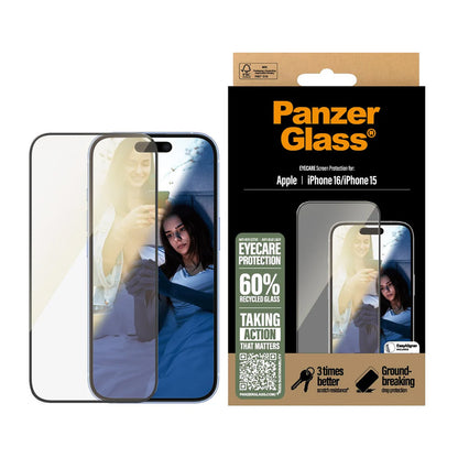 Pellicola Protettiva Schermo PanzerGlass Ultra-Wide Fit EyeCare per Apple iPhone 16 / 15, Vetro Temperato, Full Glue, Nera