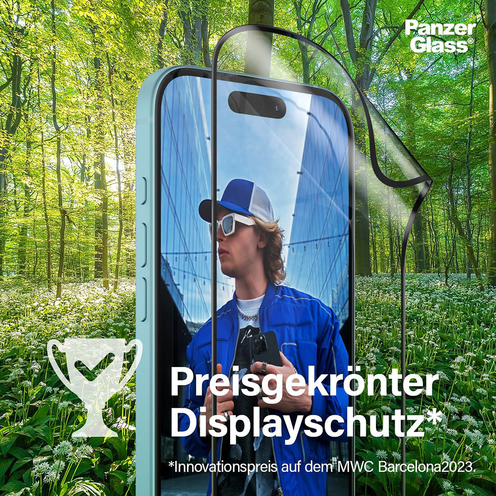 Pellicola Protettiva Schermo PanzerGlass Ultra-Wide Fit EyeCare per Apple iPhone 16 / 15, Vetro Temperato, Full Glue, Nera