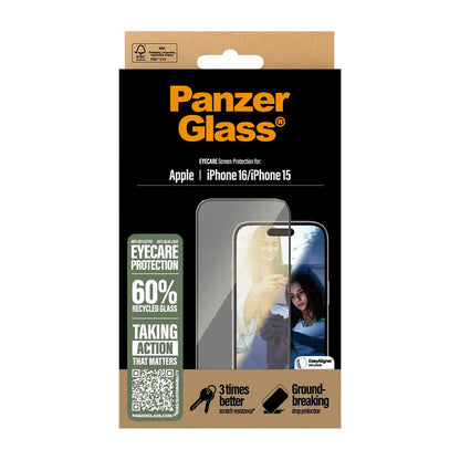 Pellicola Protettiva Schermo PanzerGlass Ultra-Wide Fit EyeCare per Apple iPhone 16 / 15, Vetro Temperato, Full Glue, Nera