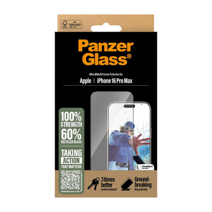 Pellicola protettiva schermo PanzerGlass Ultra-Wide Fit per Apple iPhone 16 Pro Max, Vetro Temperato, Full Glue, Nera