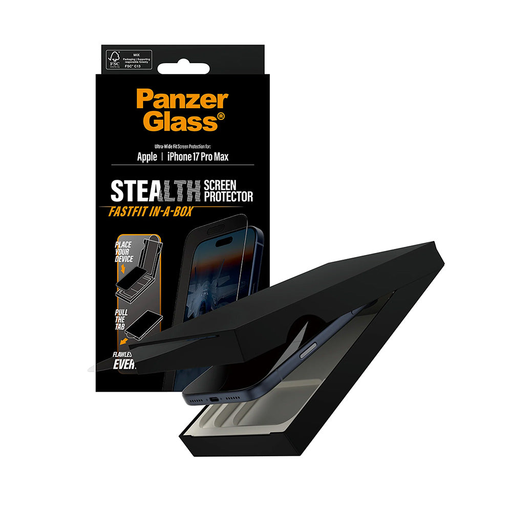 Pellicola protettiva per schermo PanzerGlass Ultra-Wide Fit Stealth Fastfit per Apple iPhone 17 Pro Max, Vetro Temperato, Full Glue, Nera