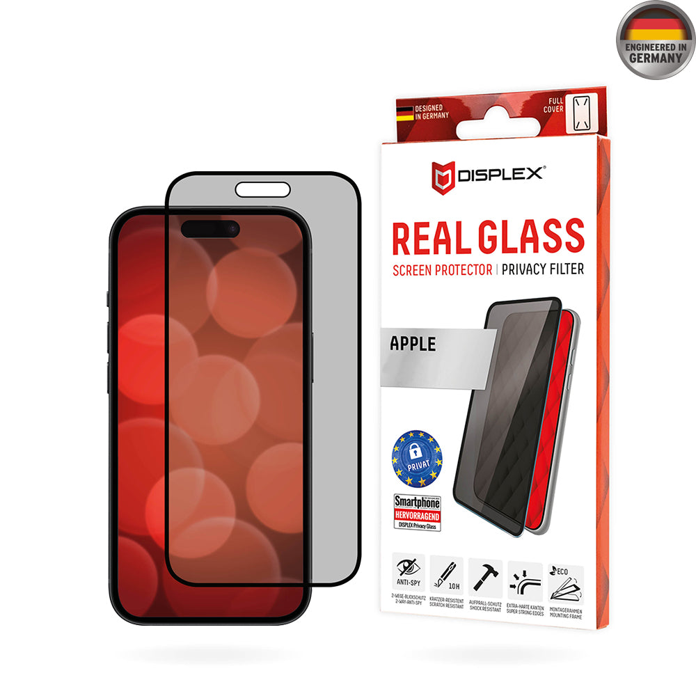 Privacy Screen Protector Displex Real Glass for Apple iPhone 16 Plus, Tempered Glass, Full Glue