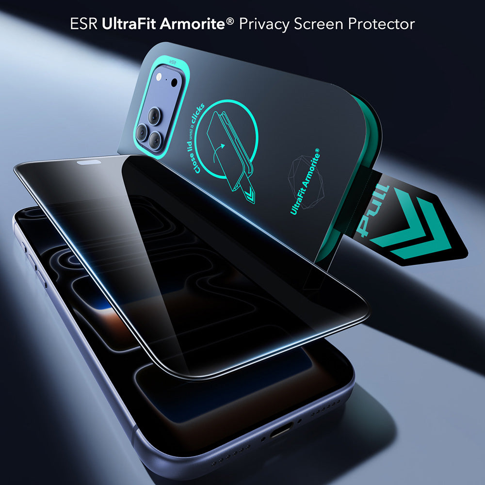 Pellicola protettiva per schermo Privacy ESR Armorite UltraFit per Apple iPhone 18 Pro, vetro temperato, Full Glue, set da 2 pezzi