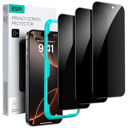 Pellicola Protettiva Privacy ESR per Apple iPhone 17 / 16 Pro, Vetro Temperato, Full Glue, Set 3 pezzi
