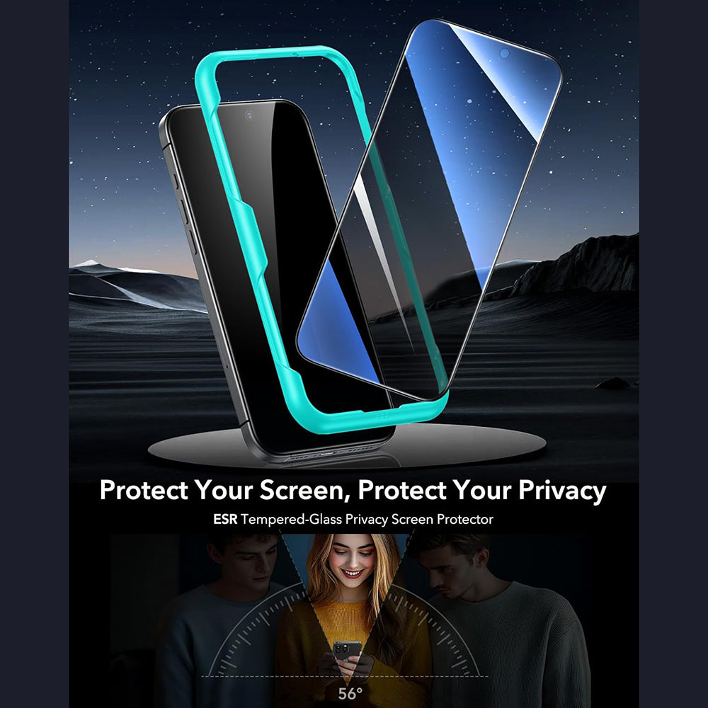 Pellicola Protettiva Privacy ESR per Apple iPhone 17 / 16 Pro, Vetro Temperato, Full Glue, Set 3 pezzi