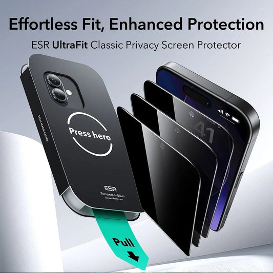 Pellicola Protettiva Schermo Privacy ESR UltraFit per Apple iPhone 17 / 16 Pro, Vetro Temperato, Full Glue, Set 3 pezzi