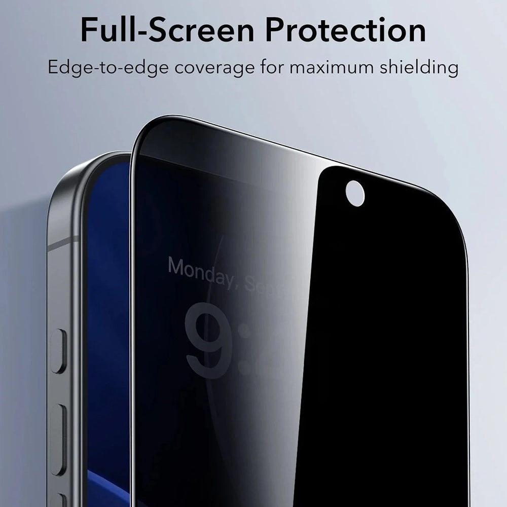 Pellicola Protettiva Schermo Privacy ESR UltraFit per Apple iPhone 17 / 16 Pro, Vetro Temperato, Full Glue, Set 3 pezzi