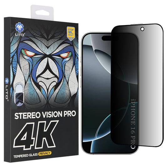 Pellicola Protettiva Schermo Privacy Lito D+ Max 4K per Apple iPhone 17 / 16 Pro, Vetro Temperato, Full Glue