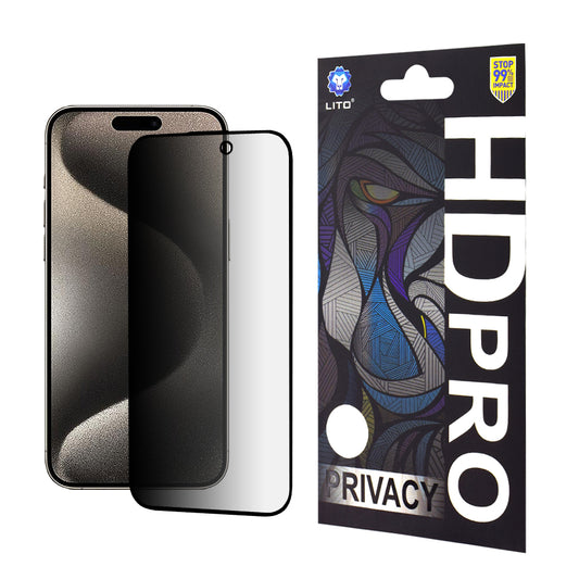 Pellicola protettiva per schermo Privacy Lito HD Pro per Apple iPhone 15 Pro Max, Vetro temperato, Full Glue