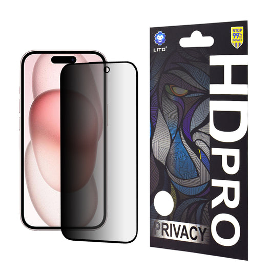 Pellicola protettiva per schermo Privacy Lito HD Pro per Apple iPhone 15, Vetro temperato, Full Glue