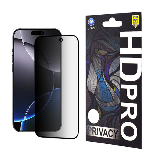 Pellicola protettiva per schermo Privacy Lito HD Pro per Apple iPhone 16 Pro Max, Vetro temperato, Full Glue