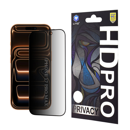 Pellicola Protettiva Schermo Privacy Lito HD Pro per Apple iPhone 17 Pro Max, Vetro Temperato, Full Glue