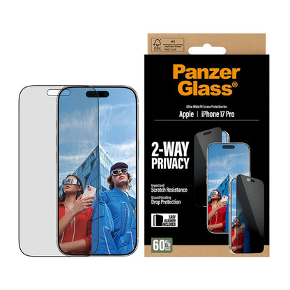 Pellicola protettiva Privacy Screen PanzerGlass Ultra-Wide Fit 2-Way EasyAligner per Apple iPhone 17 Pro, Vetro Temperato, Full Glue
