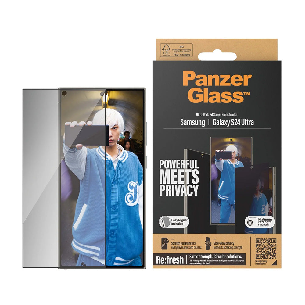 Pellicola Protettiva Schermo Privacy PanzerGlass Ultra-Wide Fit EasyAligner per Samsung Galaxy S24 Ultra S928, Vetro Temperato, Full Glue