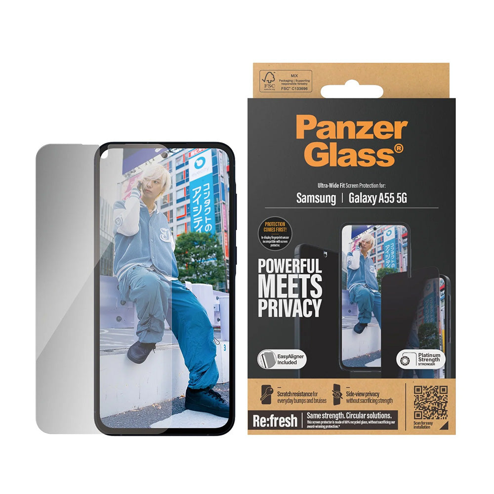 Pellicola Protettiva Schermo Privacy PanzerGlass Ultra-Wide Fit per Samsung Galaxy A55 5G A556, Vetro Temperato, Full Glue