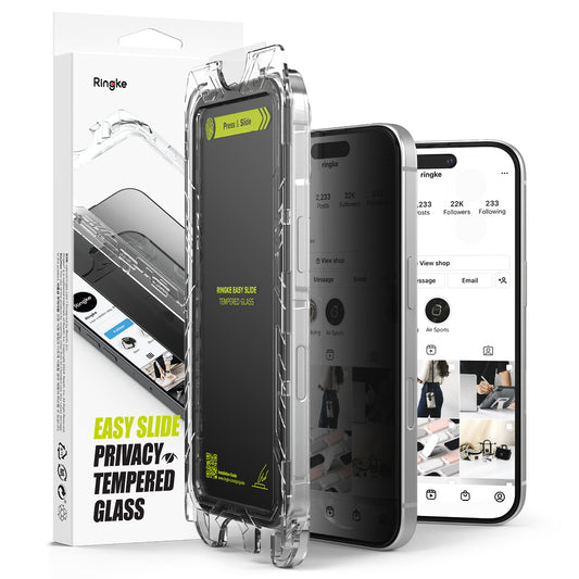 Pellicola Protettiva Schermo Privacy Ringke Easy Slide per Apple iPhone 16 Plus / 15 Plus, Vetro Temperato, Full Glue, Set 2 pezzi