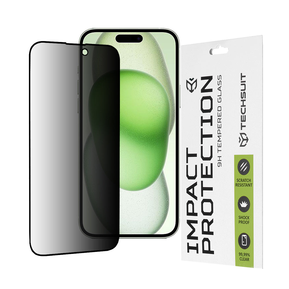 Pellicola protettiva per schermo Privacy Techsuit per Apple iPhone 16 Plus / 15 Plus, Vetro temperato, Full Glue, 111D
