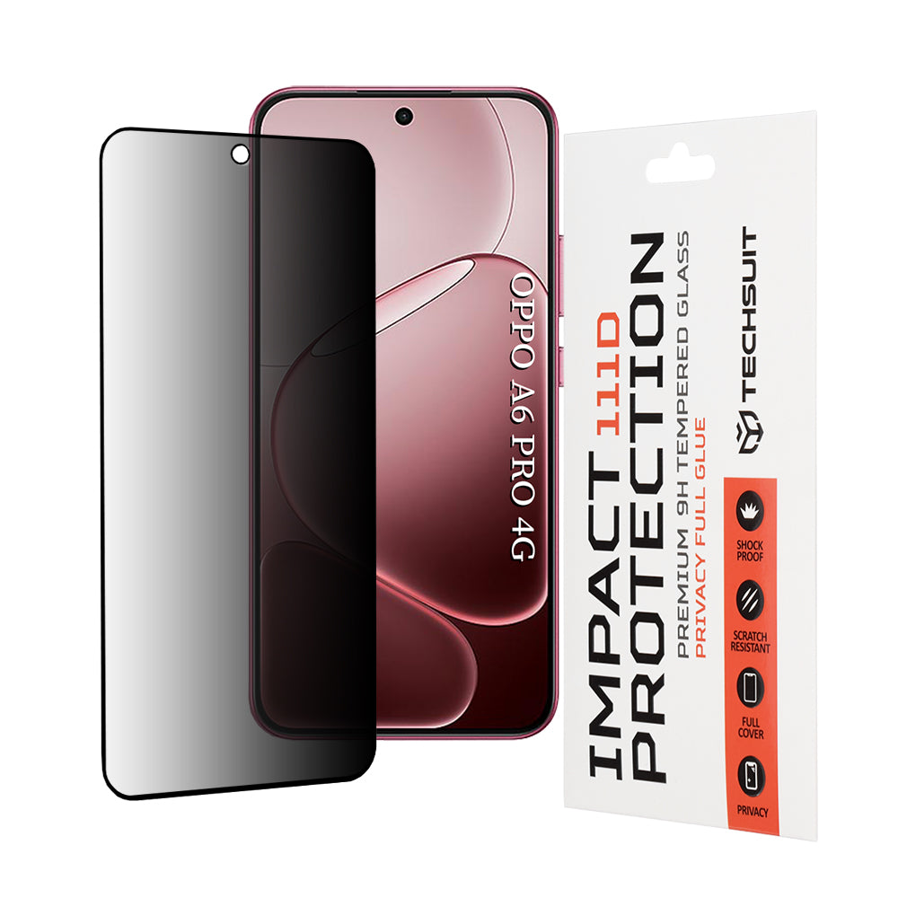 Pellicola Protettiva Schermo Privacy Techsuit per Oppo A6 Pro 5G / A6 Pro 4G, Vetro Temperato, Full Glue, 111D