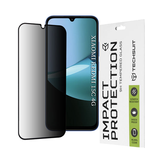 Pellicola protettiva per schermo Privacy Techsuit per Xiaomi Redmi 15C 5G / 15C 4G, Vetro Temperato, Full Glue, 111D