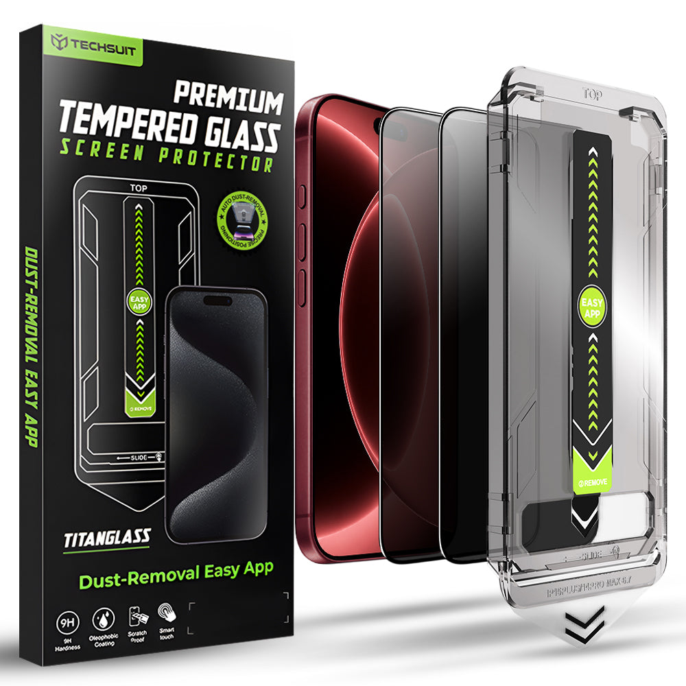 Pellicola protettiva per schermo Privacy Techsuit TitanGlass per Apple iPhone 18 Pro Max, Vetro temperato, Full Glue, Set da 2 pezzi