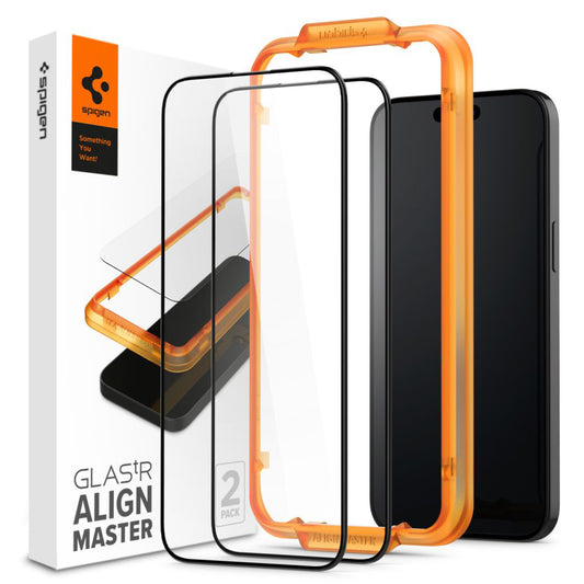 Pellicola Protettiva Schermo Spigen GlastR Align Master per Apple iPhone 15, Vetro Temperato, Full Glue, Set 2 pezzi, Nera AGL06906