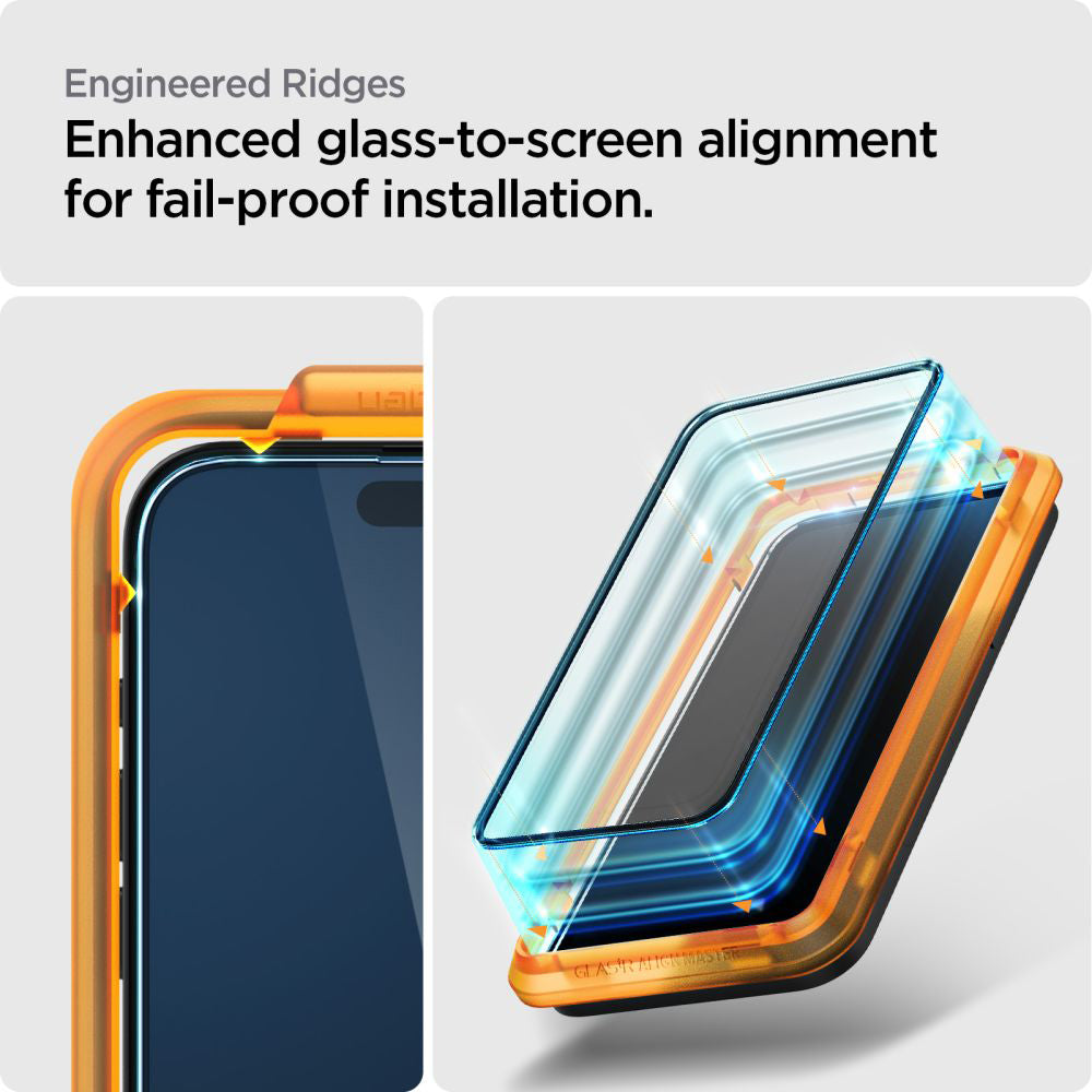 Pellicola Protettiva Schermo Spigen GlastR Align Master per Apple iPhone 15, Vetro Temperato, Full Glue, Set 2 pezzi, Nera AGL06906
