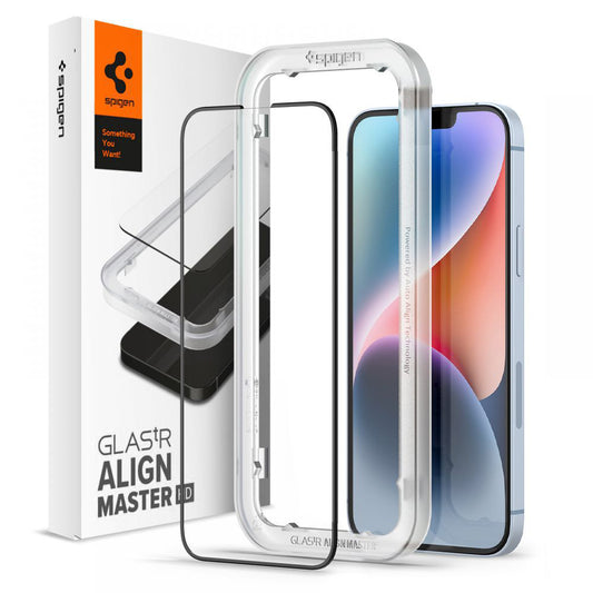 Pellicola Protettiva Schermo Spigen GlastR Align Master per Apple iPhone 17e / 16e / 14 / 13 Pro, Vetro Temperato, Full Glue, Nera AGL03725