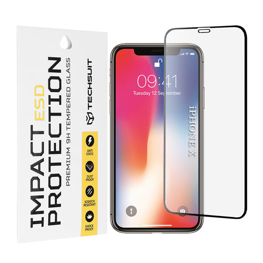 Pellicola protettiva per schermo Techsuit per Apple iPhone 11 Pro / XS / X, Vetro temperato, Full Glue, Nero