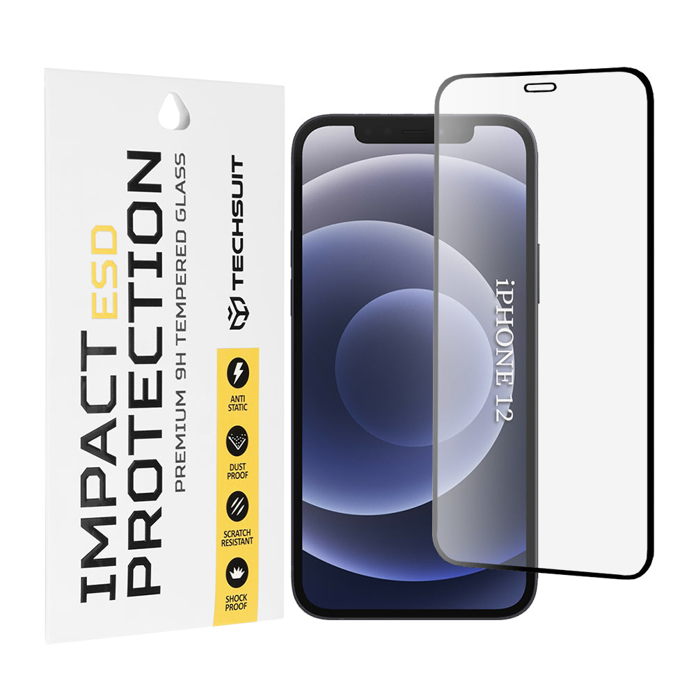 Pellicola protettiva per schermo Techsuit per Apple iPhone 12 / 12 Pro, Vetro temperato, Full Glue, Nero