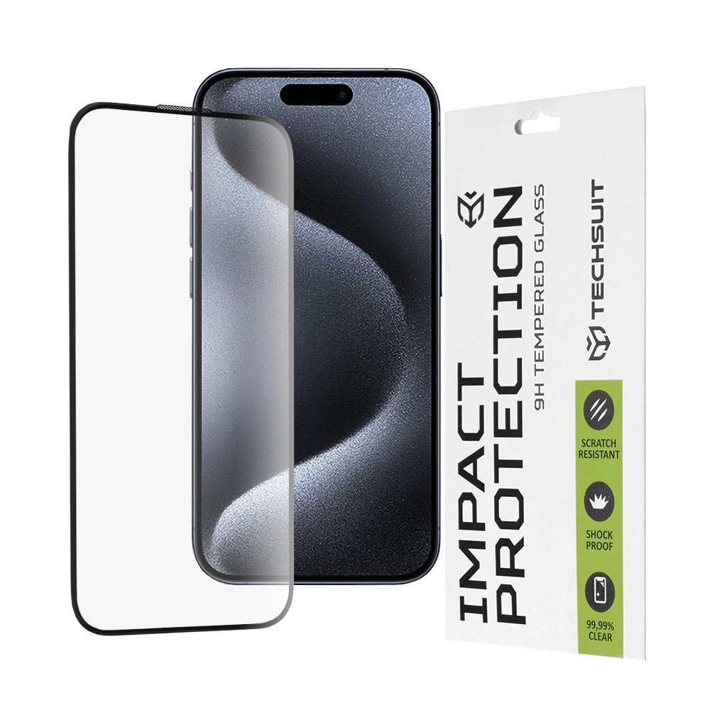 Pellicola protettiva per schermo Techsuit per Apple iPhone 16 / 15 Pro, Vetro temperato, Full Glue, 111D, Nero