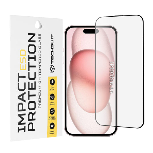 Pellicola protettiva per schermo Techsuit per Apple iPhone 16 / 15, Vetro temperato, Full Glue, Nero