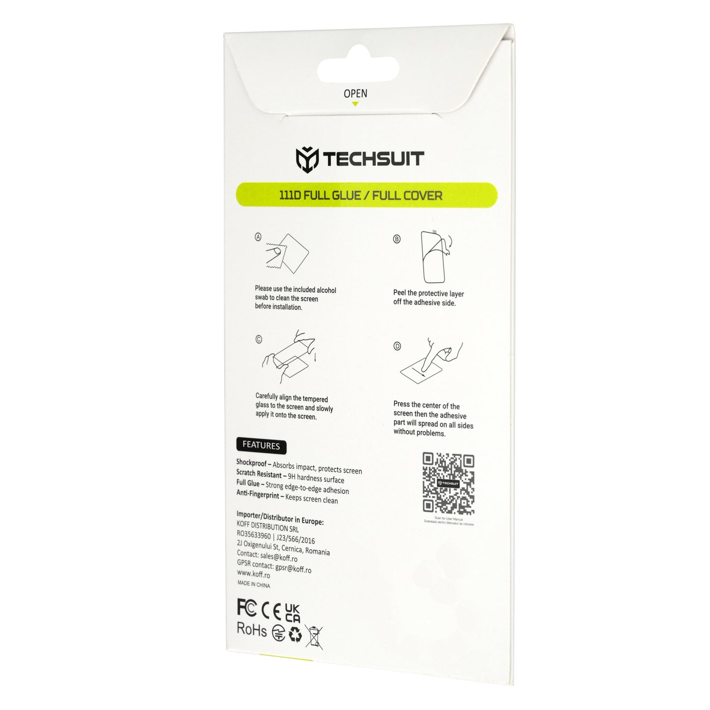 Pellicola protettiva per schermo Techsuit per Honor 600 Smart, Vetro temperato, Full Glue, 111D, Nero
