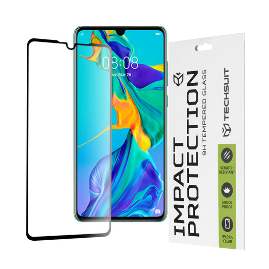 Pellicola protettiva per schermo Techsuit per Huawei P30, Vetro temperato, Full Glue, 111D, Nero