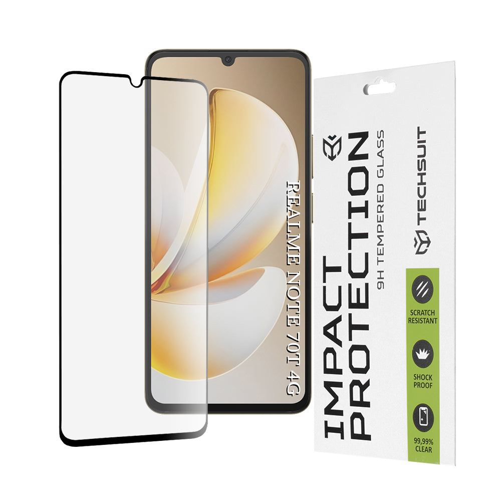 Pellicola protettiva schermo Techsuit per Realme Note 70T, Vetro Temperato, Full Glue, 111D, Nera
