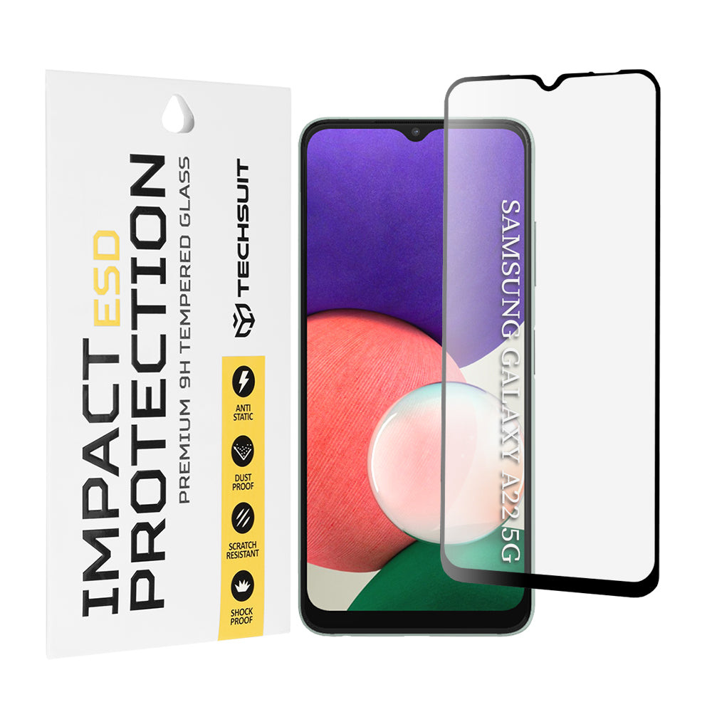 Pellicola protettiva per schermo Techsuit per Samsung Galaxy A22 5G A226, Vetro temperato, Full Glue, Nero