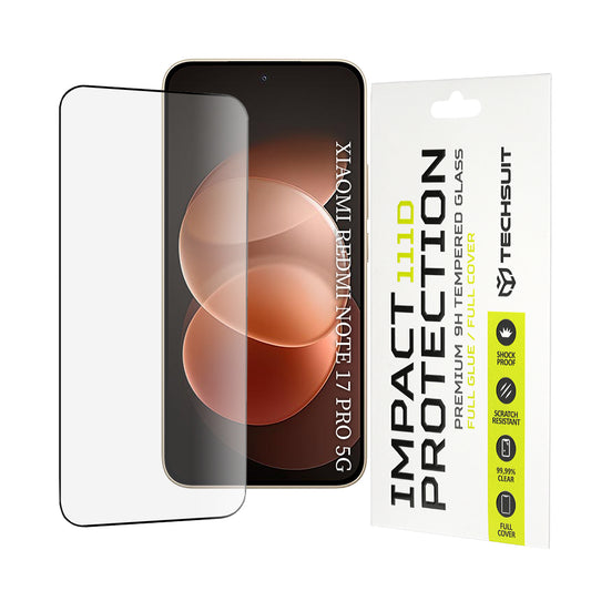 Pellicola Protettiva Schermo Techsuit per Xiaomi Redmi Note 17 Pro / Note 17 Pro Max, Vetro Temperato, Full Glue, 111D, Nero