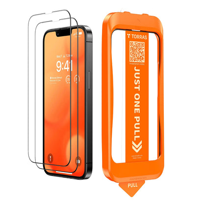 Pellicola protettiva per schermo Torras GlassGo Install Master per Apple iPhone 17e / 16e / 14 / 13 Pro, Vetro temperato, Full Glue, Set da 2 pezzi